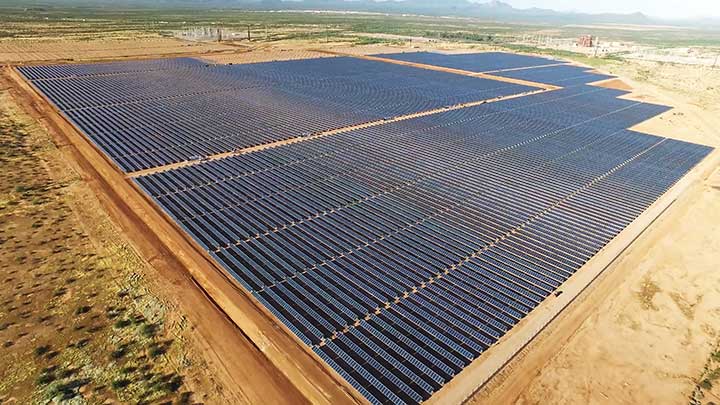 Aerial view of a solar power station in the desert