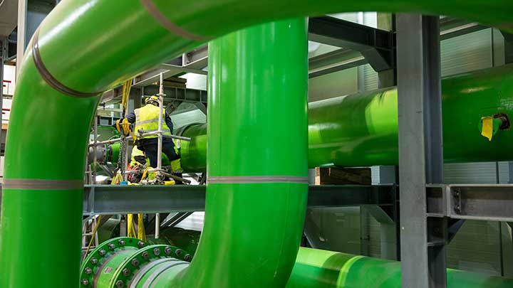 Kilometers of pipes in the heat pump hall, Esbjerg, Denmark