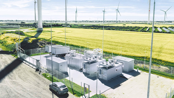 Aerial perspective of wind turbines and fields